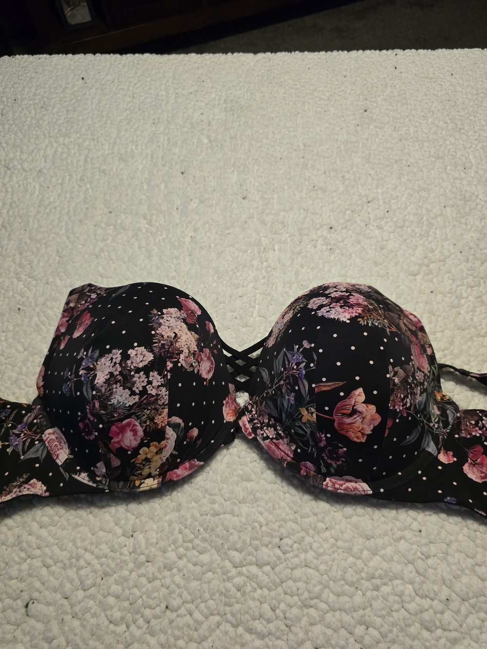 Floral Black Push-Up Bra with Pink Accents and Crisscross Front